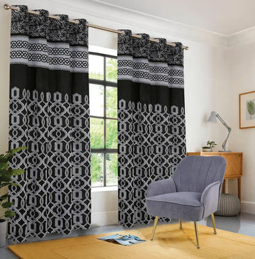 Jacquard Printed Curtains-Black Silver